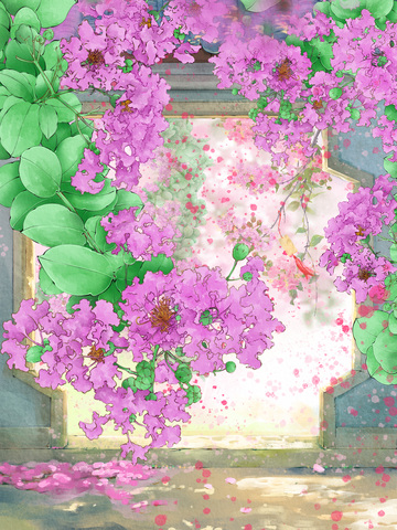 古风紫薇花水彩花卉装饰插画