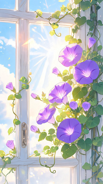 阳光窗台牵牛花插画
