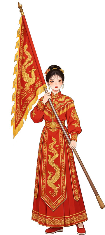潮汕标旗红金凤褂持龙旗国风女子插画3