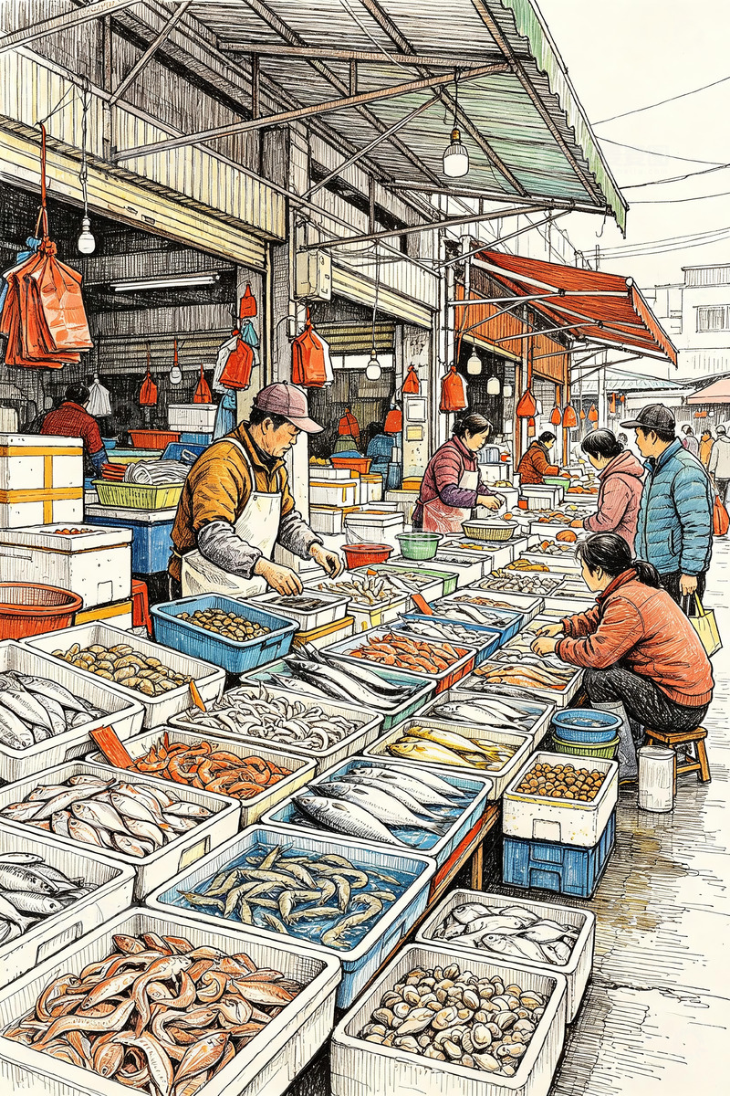 高清大图下载【趣麦麦图】市井鲜活海鲜市场钢笔淡彩手绘2