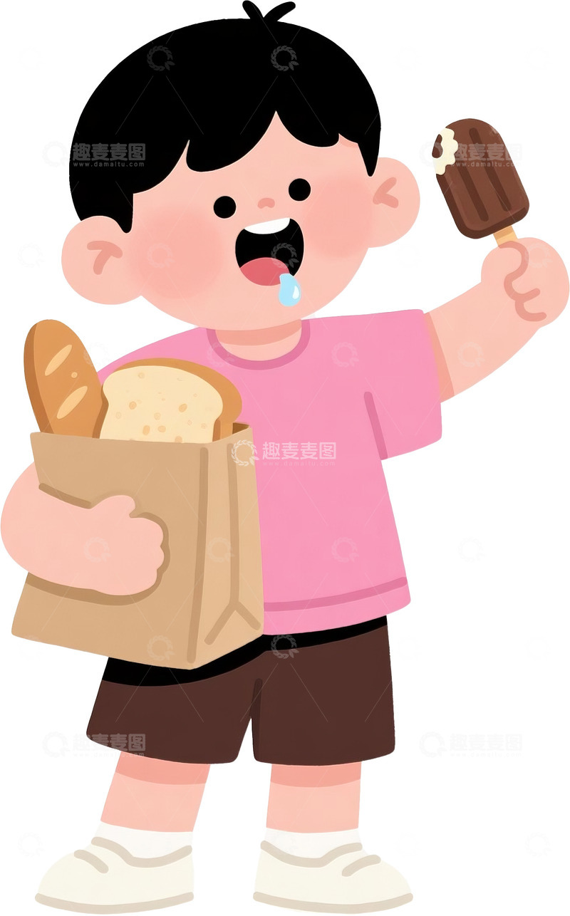 高清大图下载【趣麦麦图】手拿冰棍怀抱面包袋的可爱小男孩卡通插画