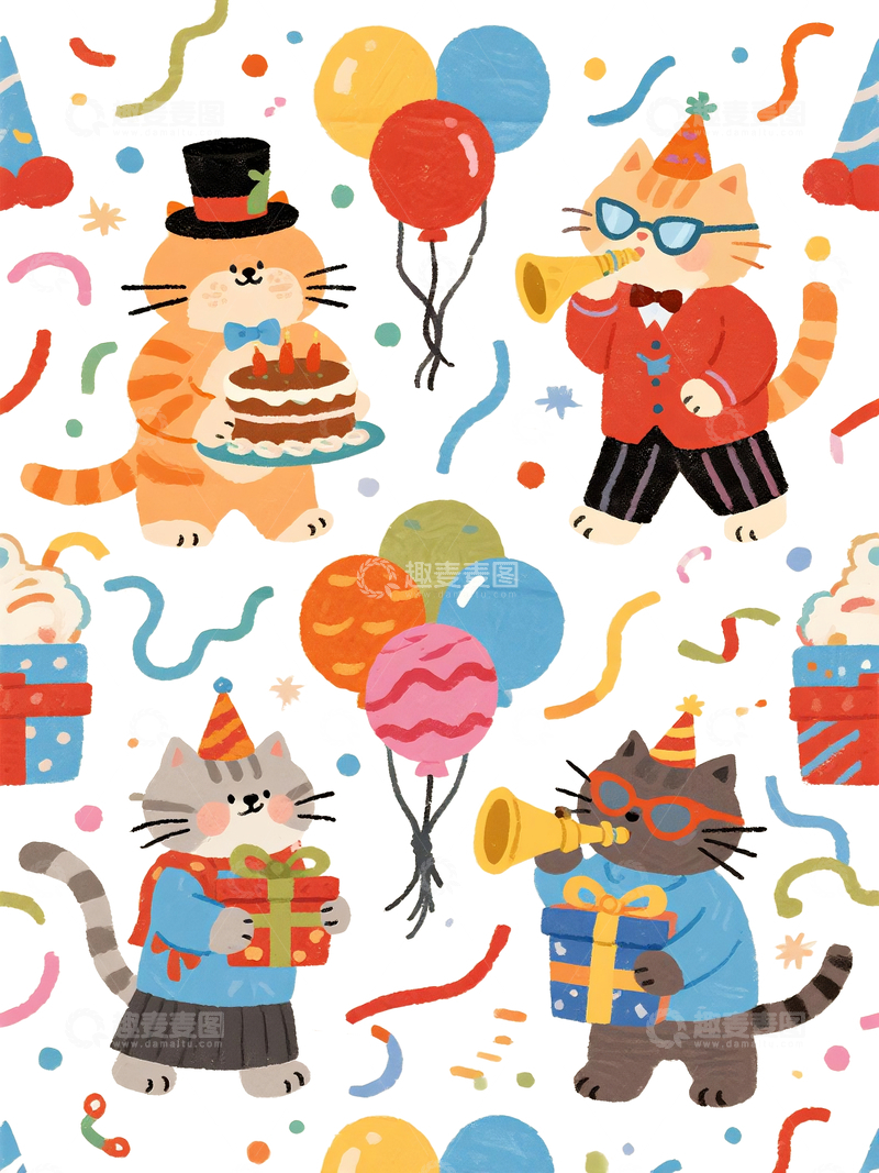 源文件下载【趣麦麦图】-生日派对萌猫平铺手绘插画