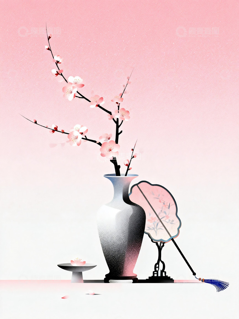 高清大图下载【趣麦麦图】新中式瓶中梅花团扇淡雅插画3