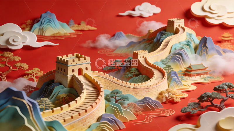 高清大图下载【趣麦麦图】国潮纸雕长城山水立体插画3