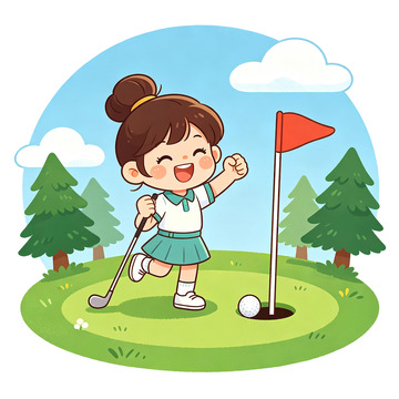 卡通女孩打高尔夫运动插画元素免扣