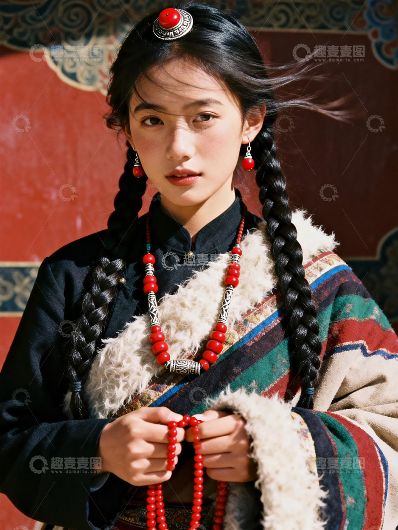 高清大图下载【趣麦麦图】红墙前双麻花辫藏族少女人像写真4