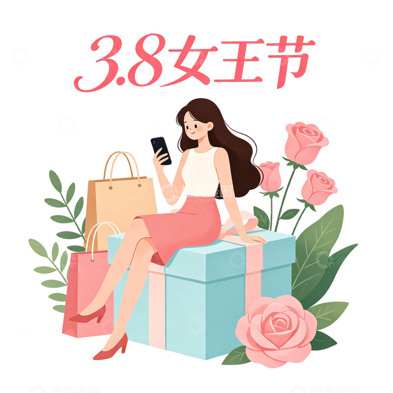 高清大图下载【趣麦麦图】插画风女王节购物女性免扣素材