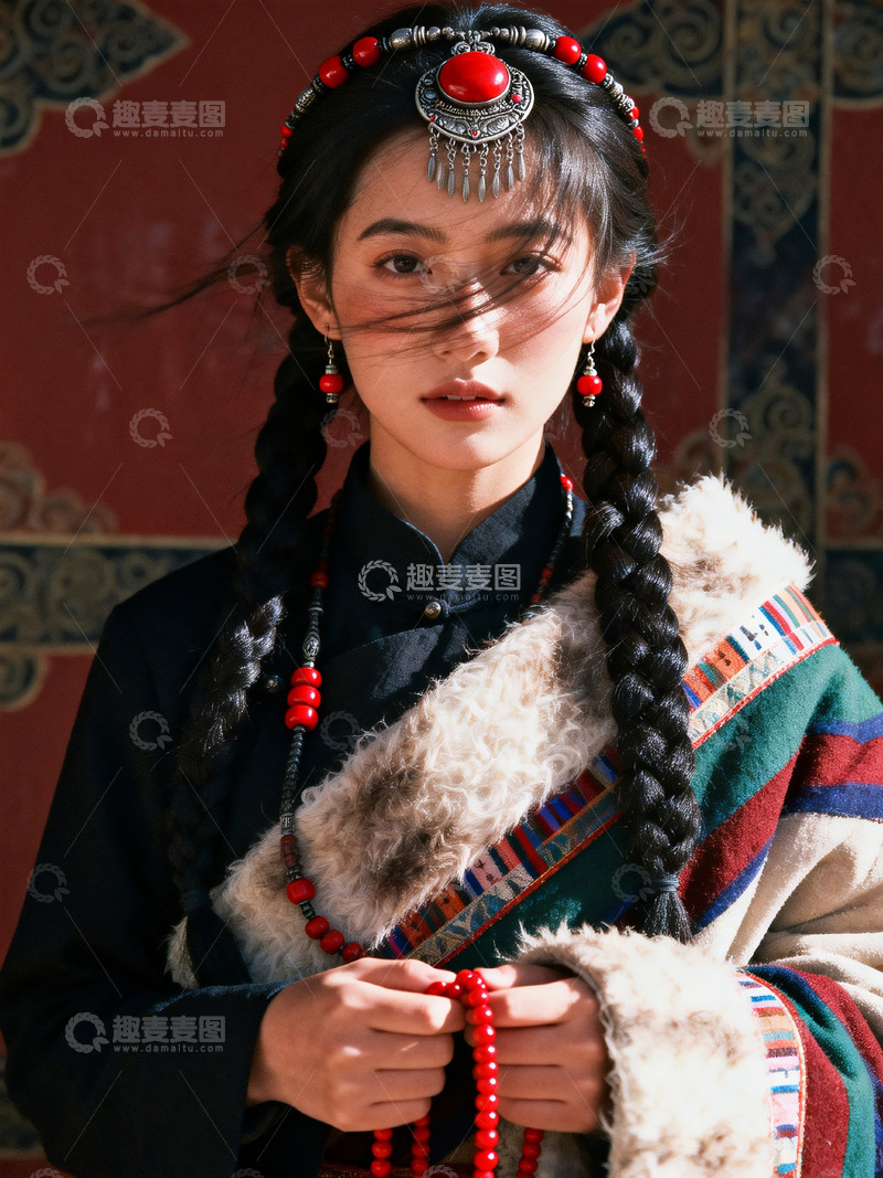 高清大图下载【趣麦麦图】红墙前双麻花辫藏族少女人像写真3