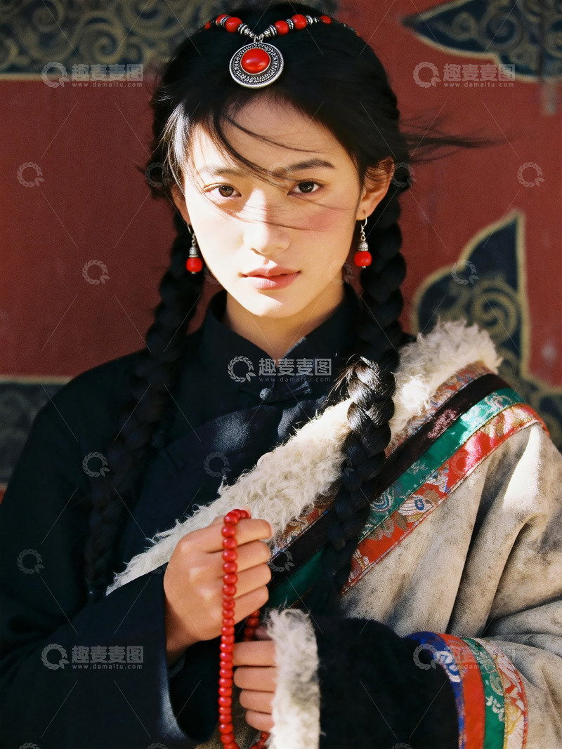 高清大图下载【趣麦麦图】红墙前双麻花辫藏族少女人像写真1