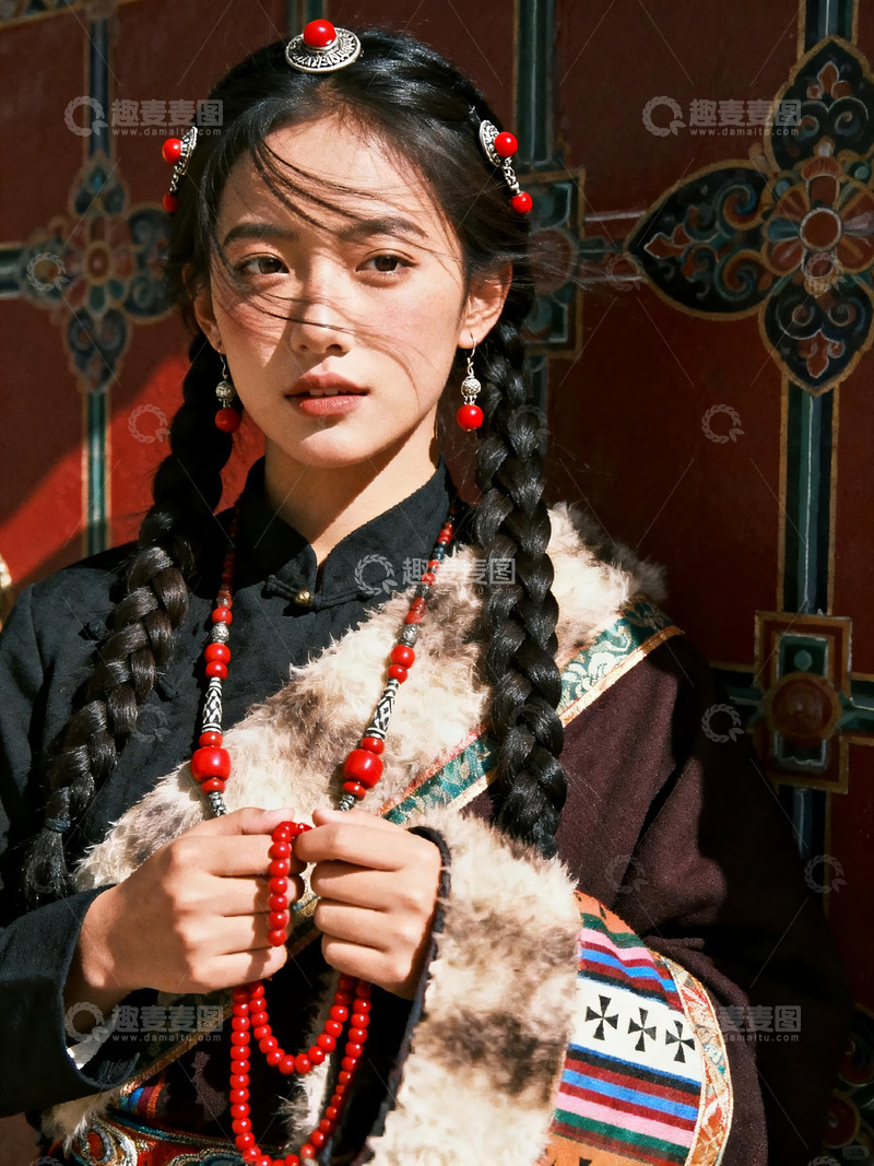 高清大图下载【趣麦麦图】红墙前双麻花辫藏族少女人像写真2