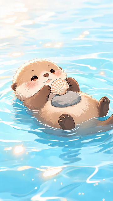 水彩风水獭戏水插画