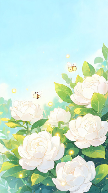 清新插画白玫瑰花丛风景