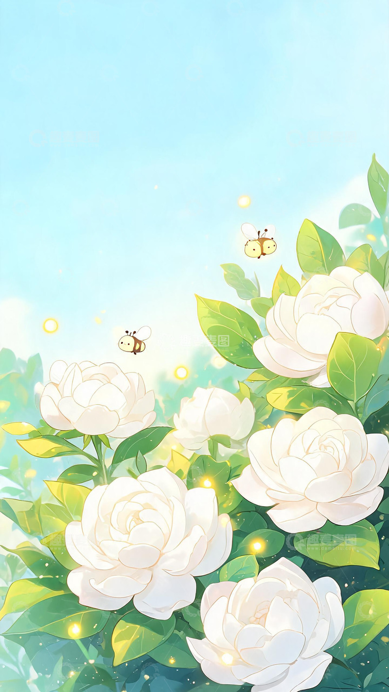 高清大图下载【趣麦麦图】-清新插画白玫瑰花丛风景