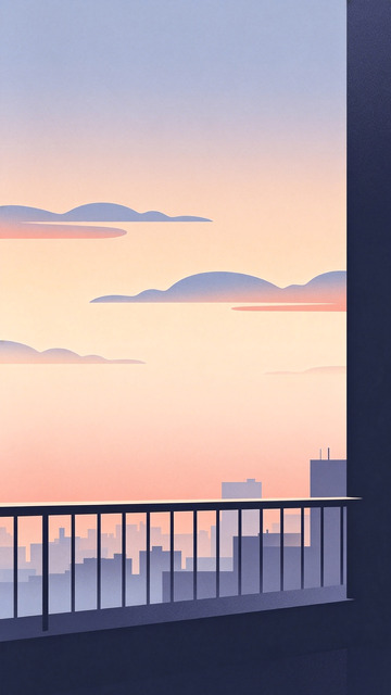 黄昏城市阳台风景插画