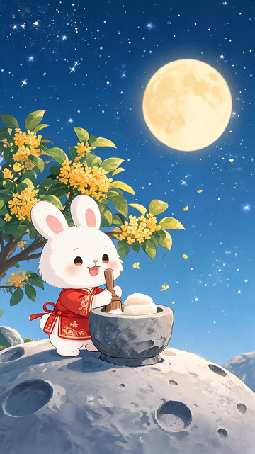 中秋兔兔捣年糕卡通插画