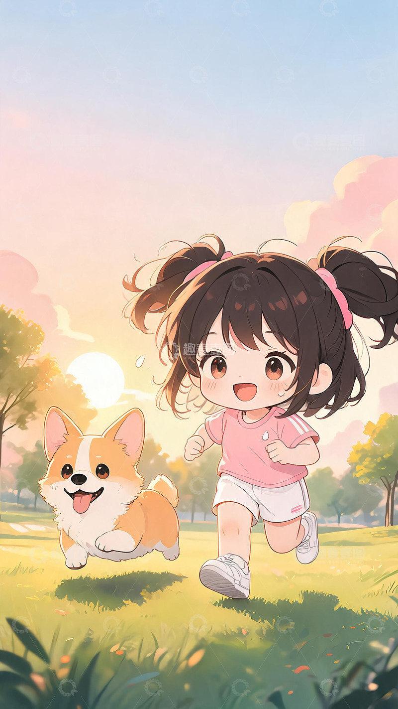 高清大图下载【趣麦麦图】卡通风小女孩与小狗嬉戏图
