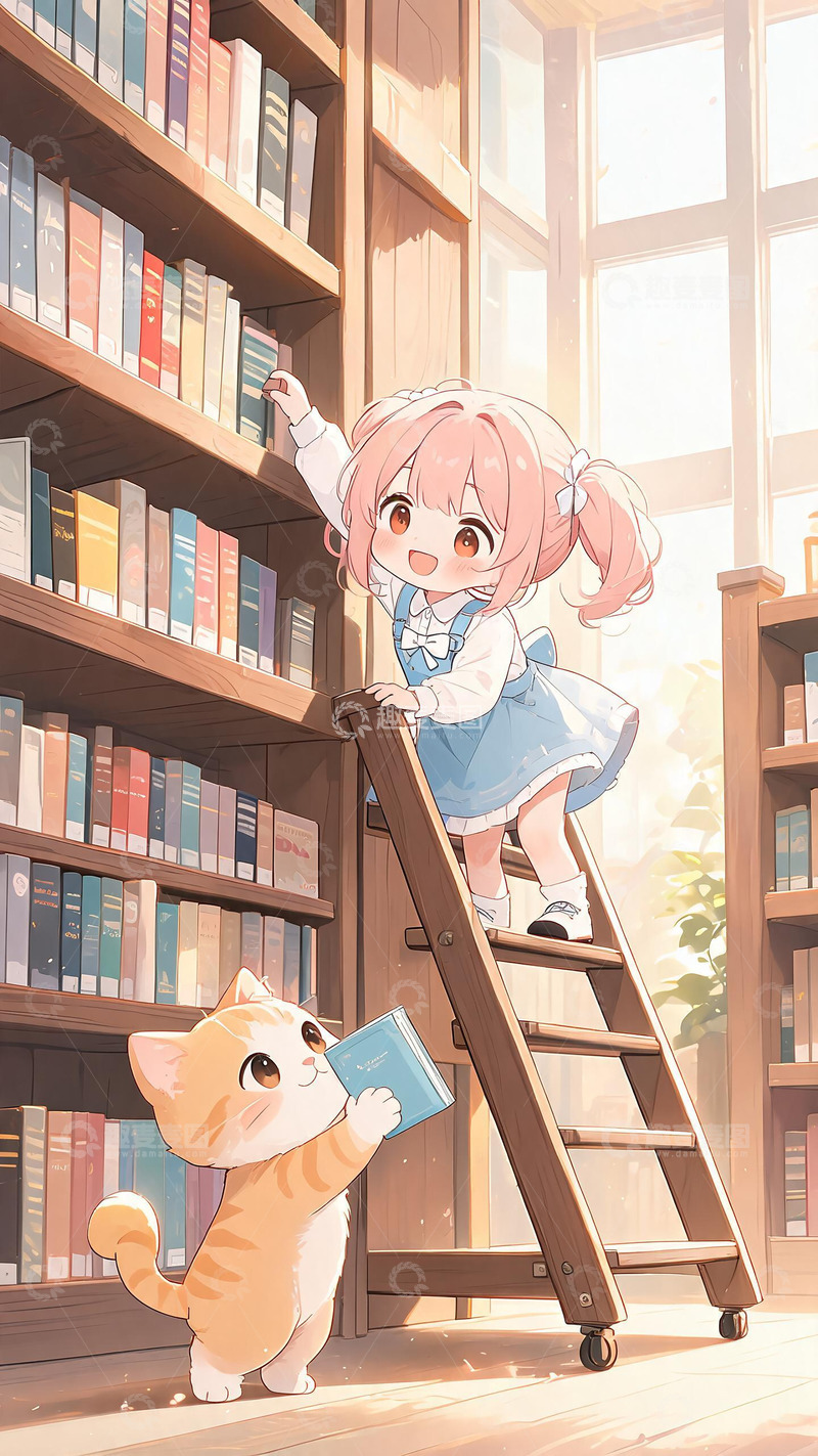高清大图下载【趣麦麦图】卡通图书馆少女与猫插画