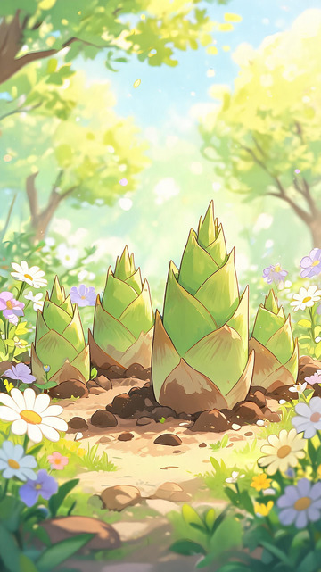 森林绿意盎然植物插画
