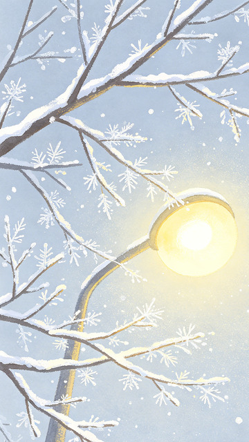 雪夜路灯雪花插画