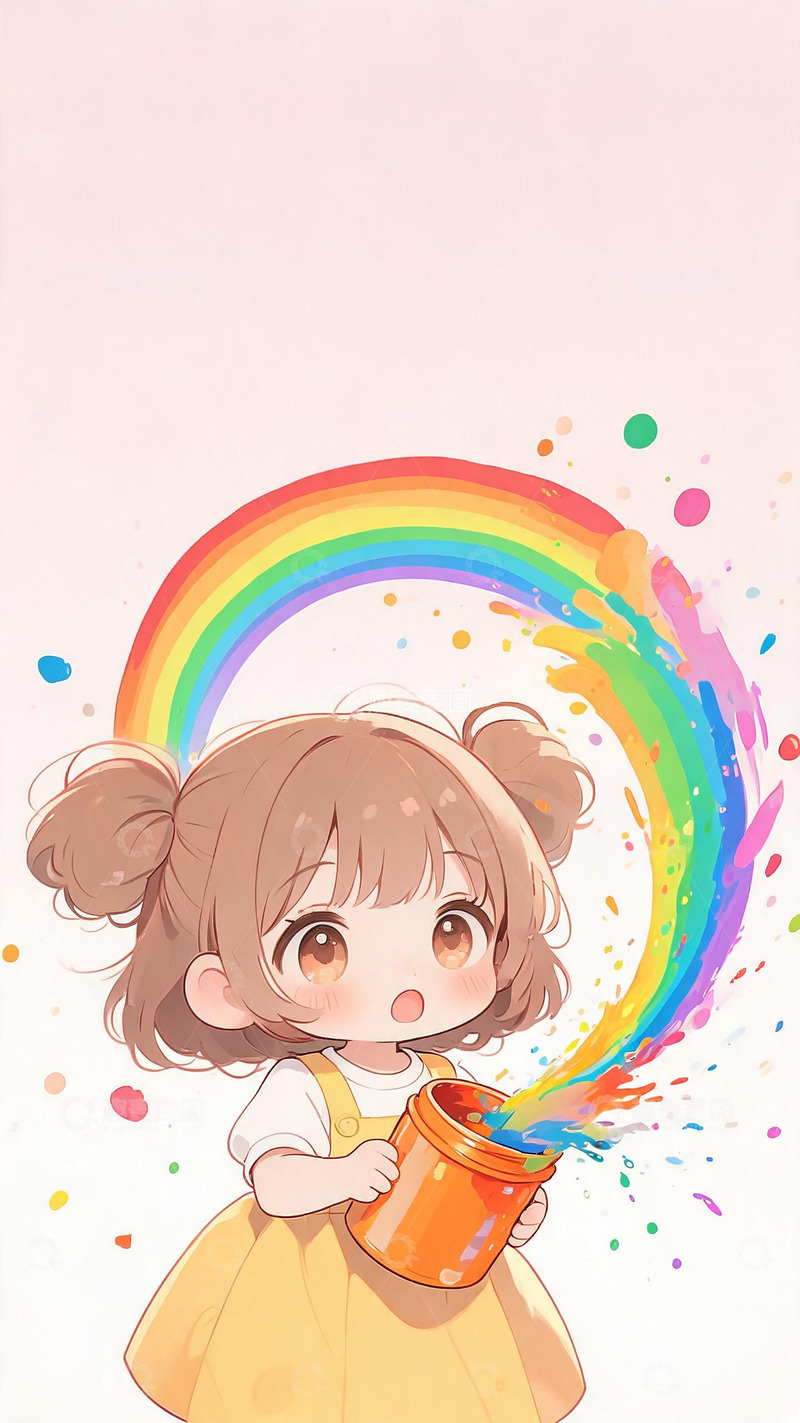 高清大图下载【趣麦麦图】卡通风小女孩彩虹颜料插画设计素材
