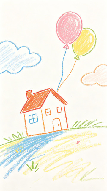 儿童画风格漂浮小屋气球手绘插画素材
