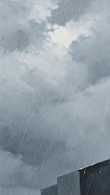 油画风雨天城市建筑插画素材