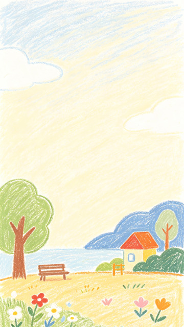 蜡笔风春日田园小屋手绘插画素材