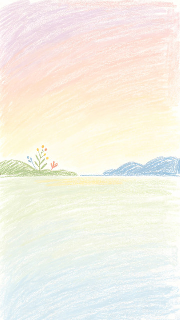 蜡笔风湖畔晨景手绘风景设计素材