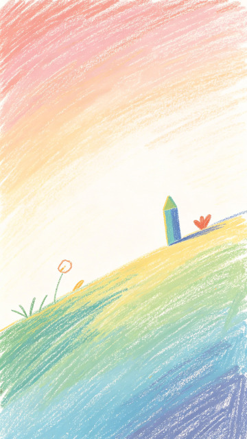 蜡笔风彩虹山坡手绘彩铅插画素材