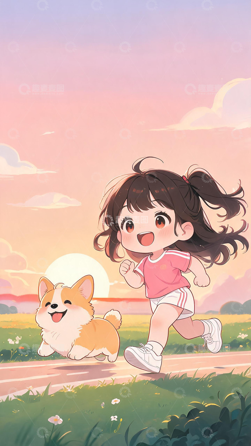 高清大图下载【趣麦麦图】卡通风小女孩与柯基奔跑插画素材