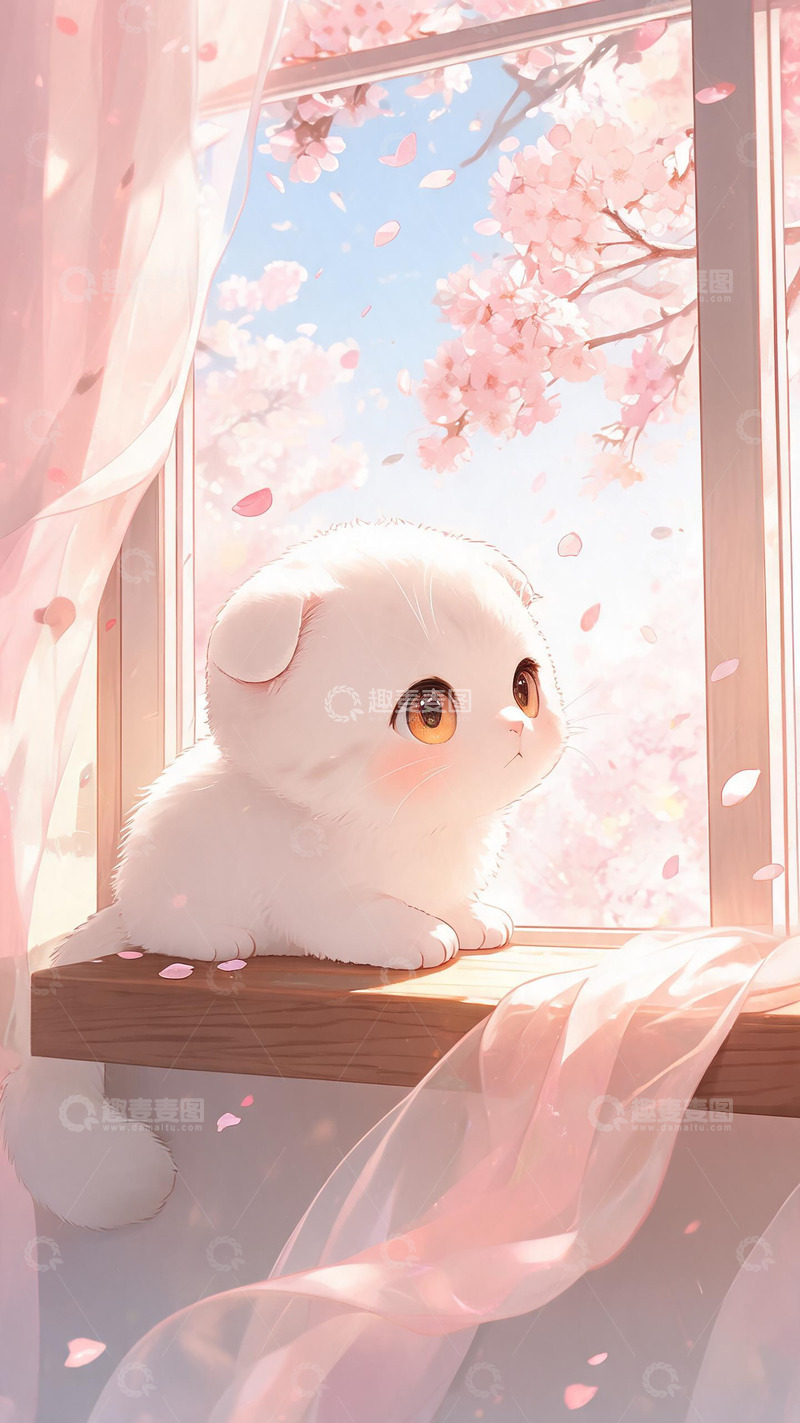 高清大图下载【趣麦麦图】治愈系窗边小猫樱花插画设计素材