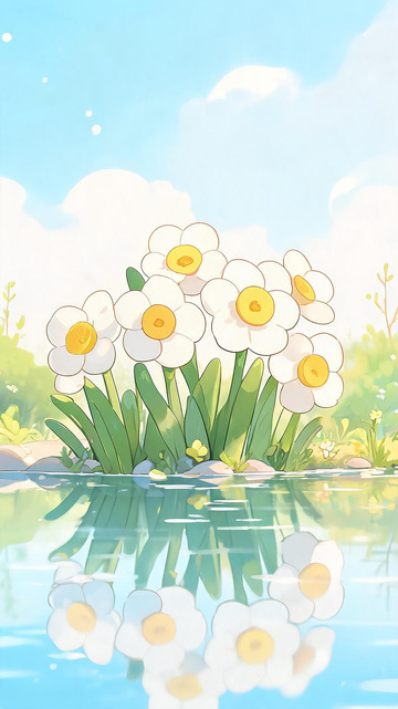 卡通风春日水边雏菊插画设计素材