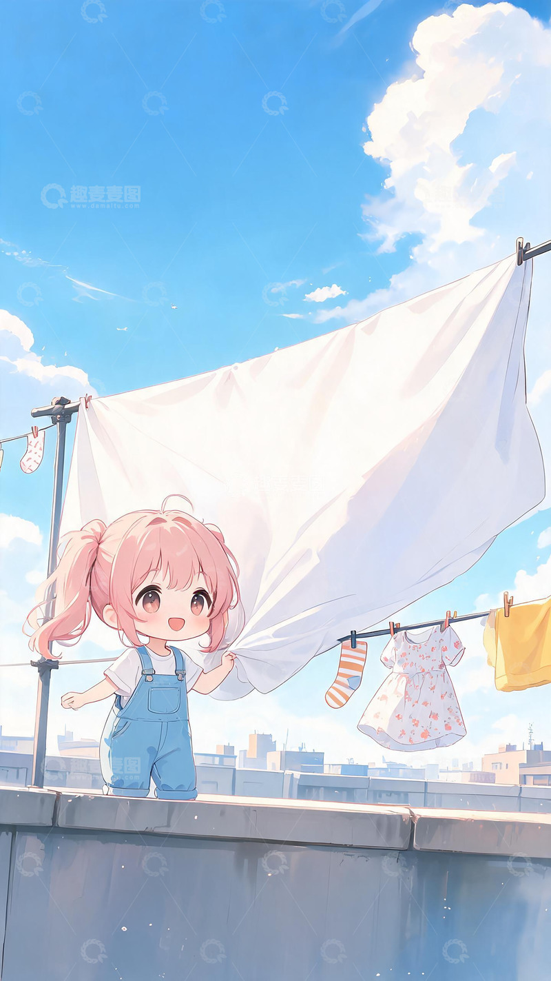 高清大图下载【趣麦麦图】日系萌系女孩阳台晒衣插画素材