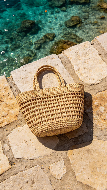 夏日海滩编织包静物摄影素材