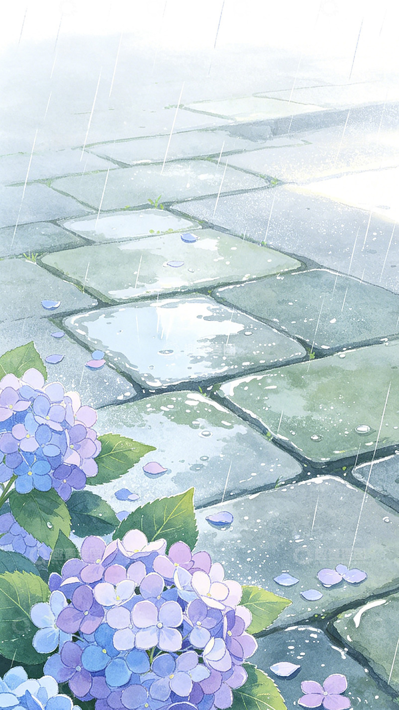 高清大图下载【趣麦麦图】日系风雨中绣球花石板路插画素材