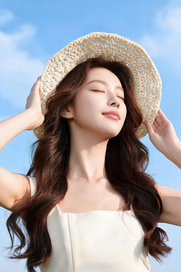 晴空草帽清新少女写真6