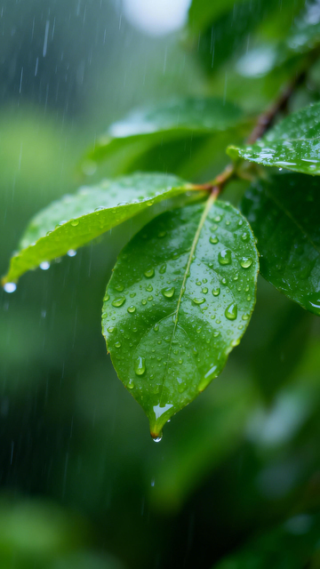 写实风雨中绿叶水珠摄影素材
