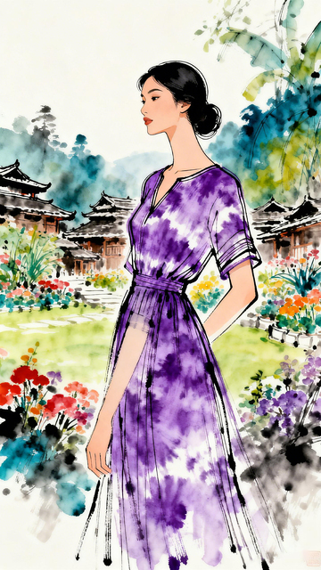水彩风东方女子紫裙插画设计素材