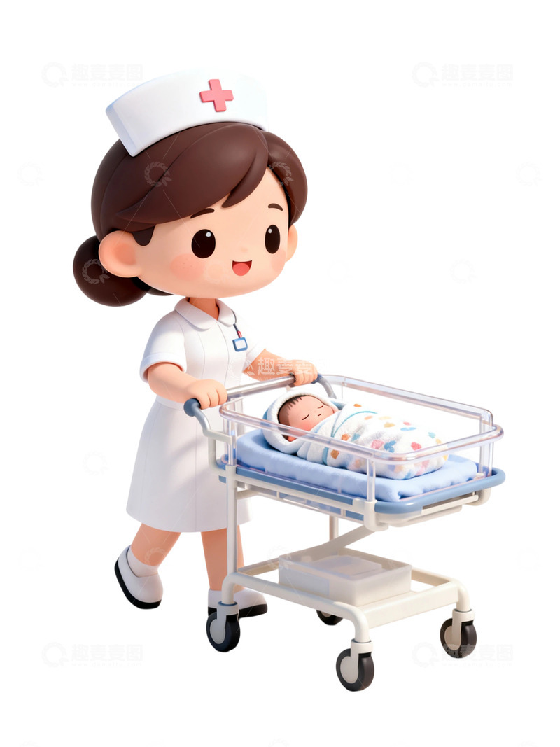高清大图下载【趣麦麦图】-卡通风护士推婴儿车插画设计素材