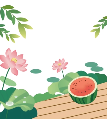 卡通风夏日荷花西瓜插画设计素材