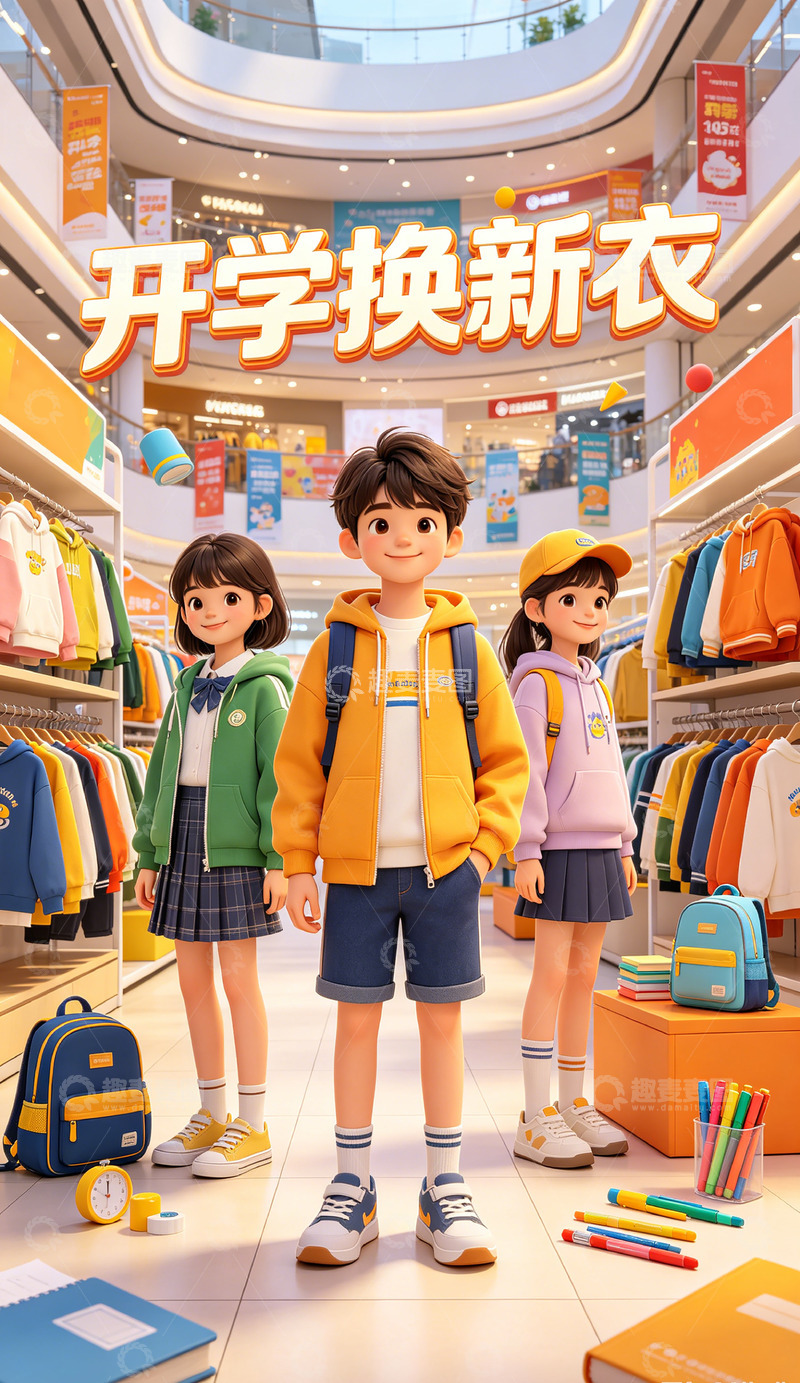 高清大图下载【趣麦麦图】-卡通风开学换新衣服装促销海报设计素材
