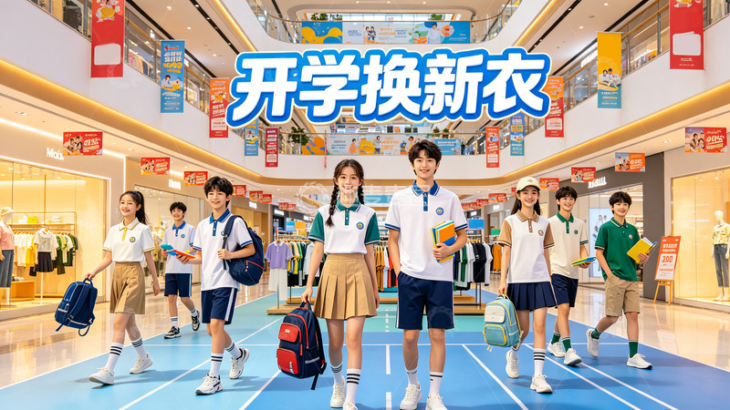 高清大图下载【趣麦麦图】-卡通风格开学季学生换新衣促销海报宣传素材