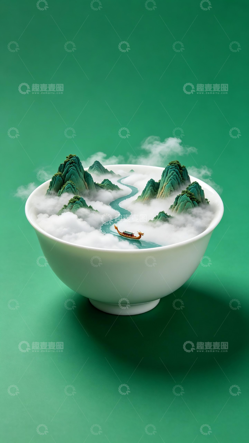 高清大图下载【趣麦麦图】-瓷碗微缩山水端午龙舟创意国风插画3