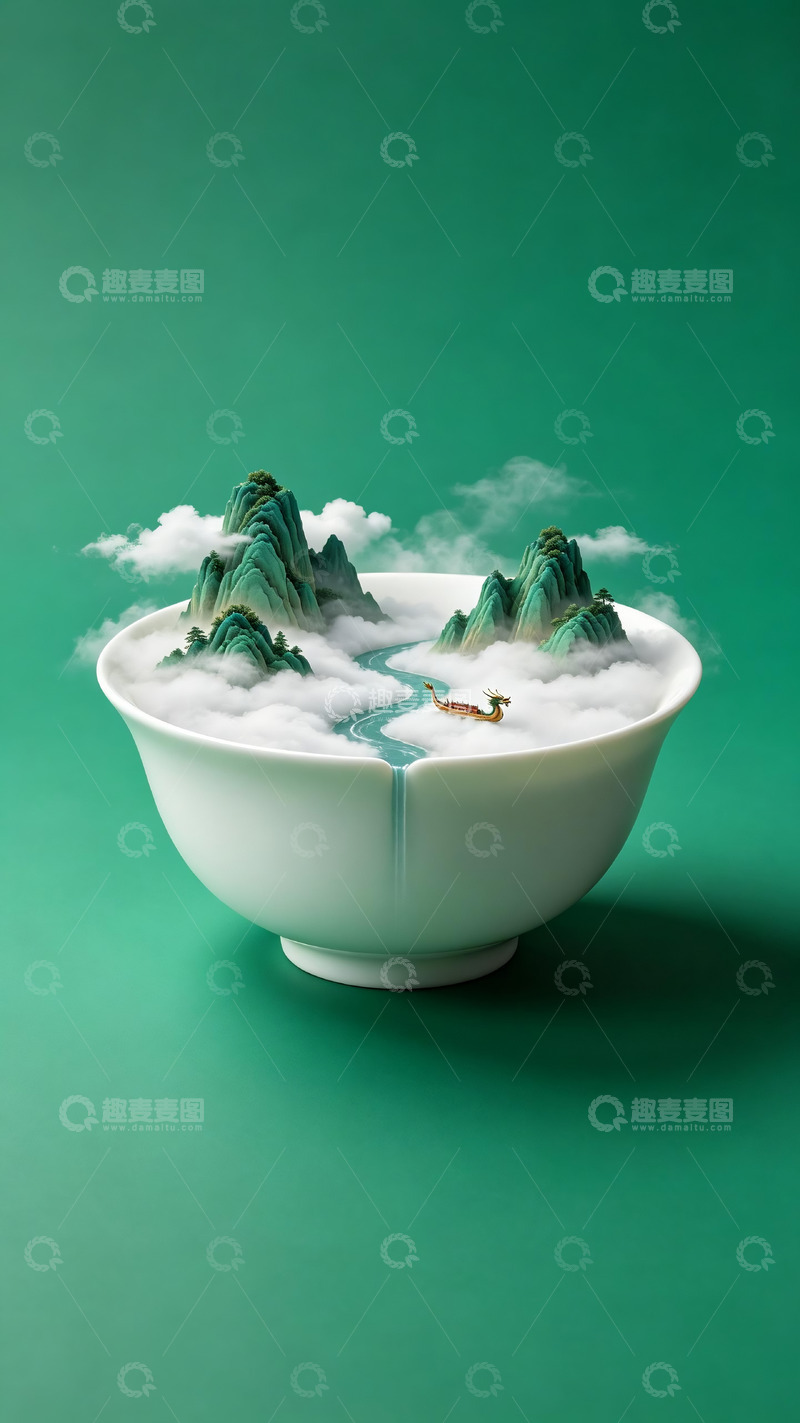 高清大图下载【趣麦麦图】-瓷碗微缩山水端午龙舟创意国风插画1