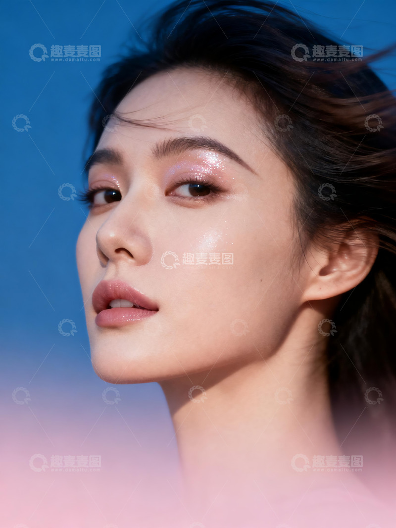 高清大图下载【趣麦麦图】蓝底清透闪片美妆人像时尚写真4
