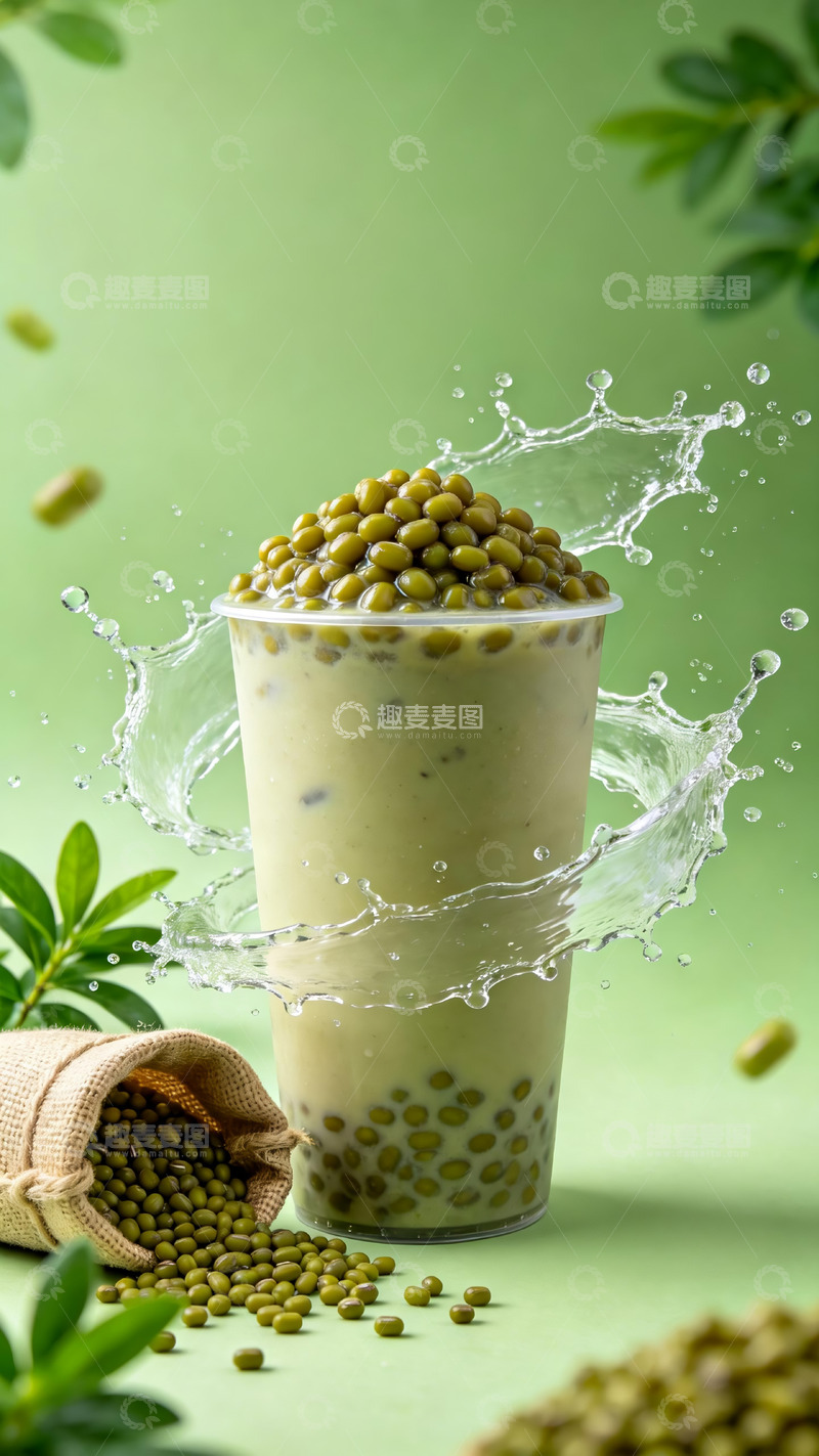 高清大图下载【趣麦麦图】清新绿底绿豆奶茶饮品飞溅创意美食摄影
