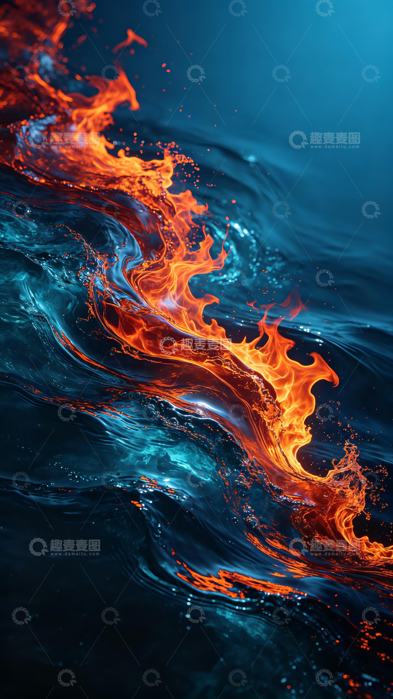 高清大图下载【趣麦麦图】冰火撞色深海烈焰流体创意艺术插画3
