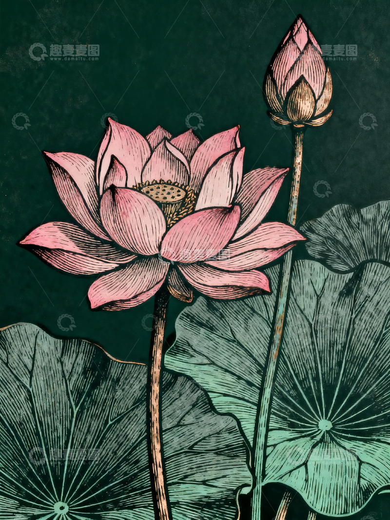 高清大图下载【趣麦麦图】墨绿底新中式描金荷花版画装饰插画1