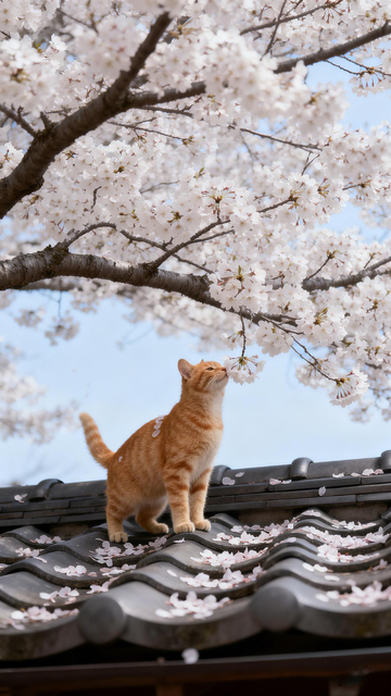 日系风樱花猫屋顶摄影素材