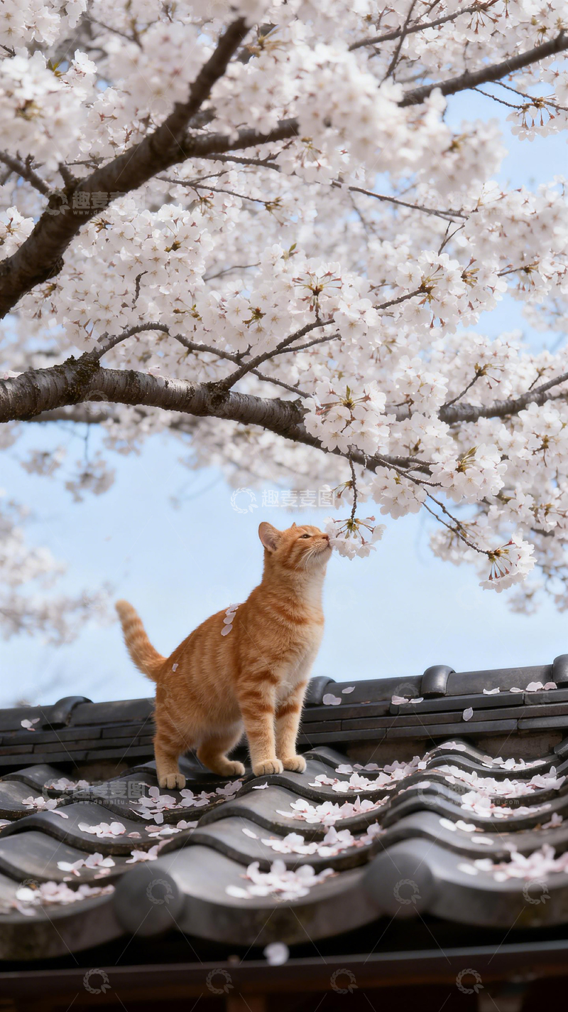 高清大图下载【趣麦麦图】日系风樱花猫屋顶摄影素材